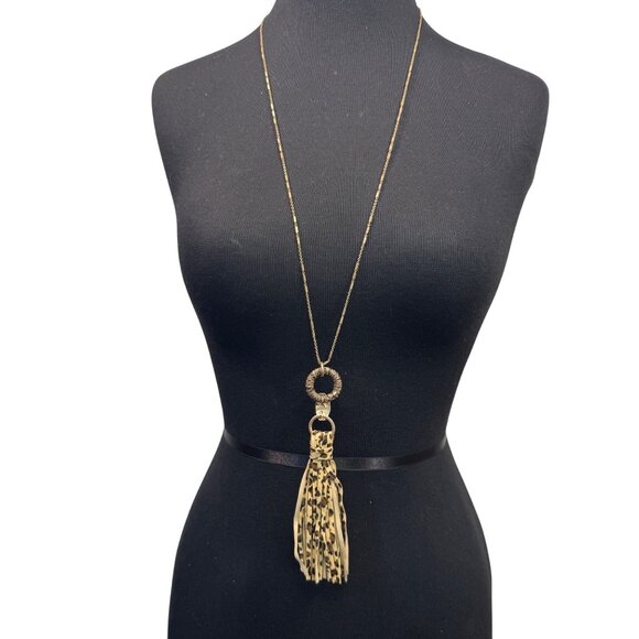 Faux Suede Leopard Print Tassel Pendant Necklace Gold Tone Adjustable - Picture 1 of 4